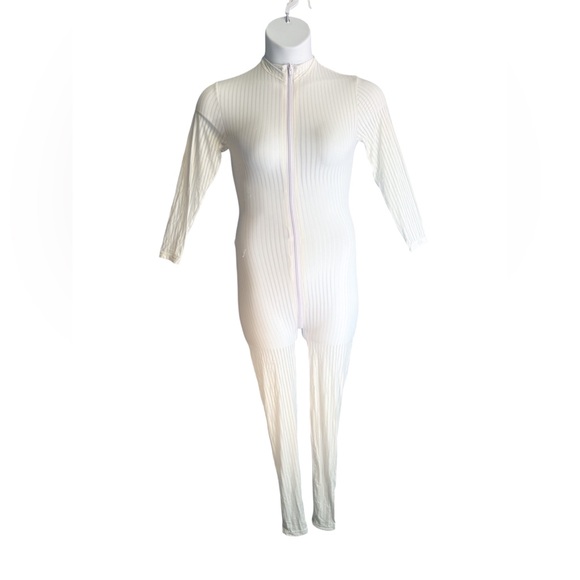White Ribbed Zip-Front Bodysuit / Jumpsuit - Picture 3 of 9